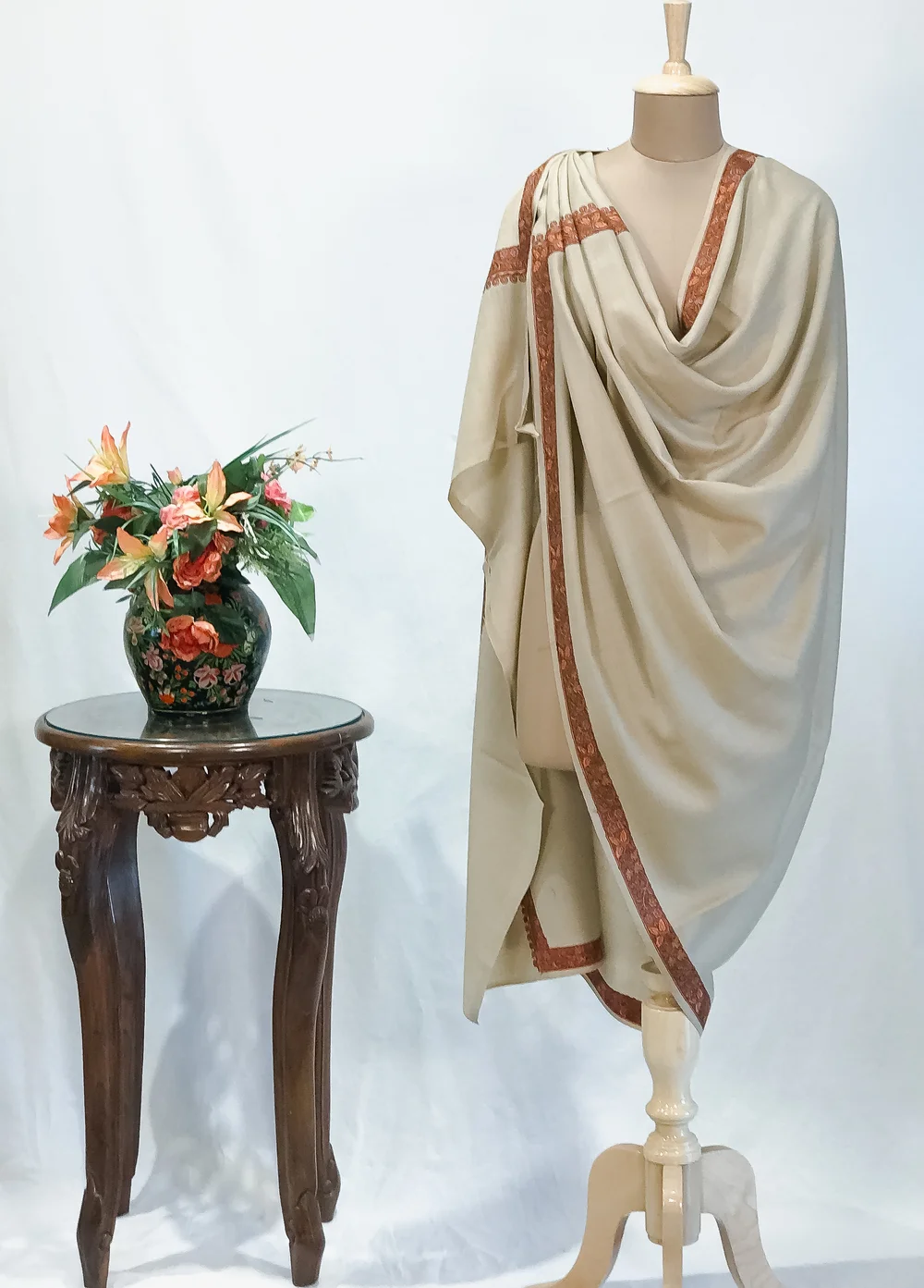 Sozni Embroidered Buttermilk Pure Wool Shawl Sozni Embroidered Buttermilk Pure Wool Shawl