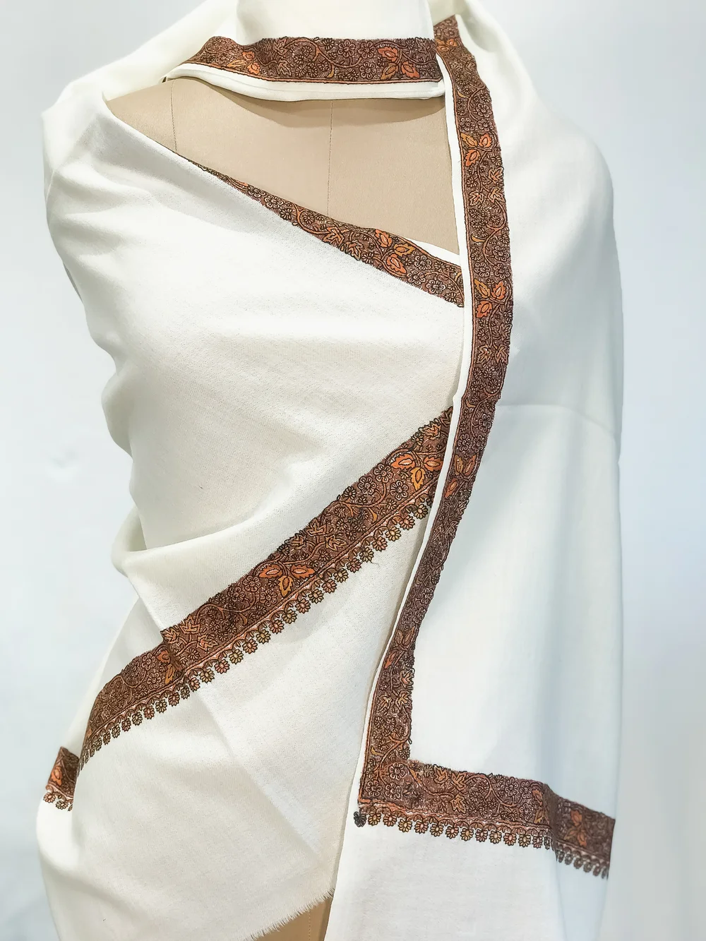 Sozni Embroidered Natural White Pure Wool Shawl Sozni Embroidered Natural White Pure Wool Shawl