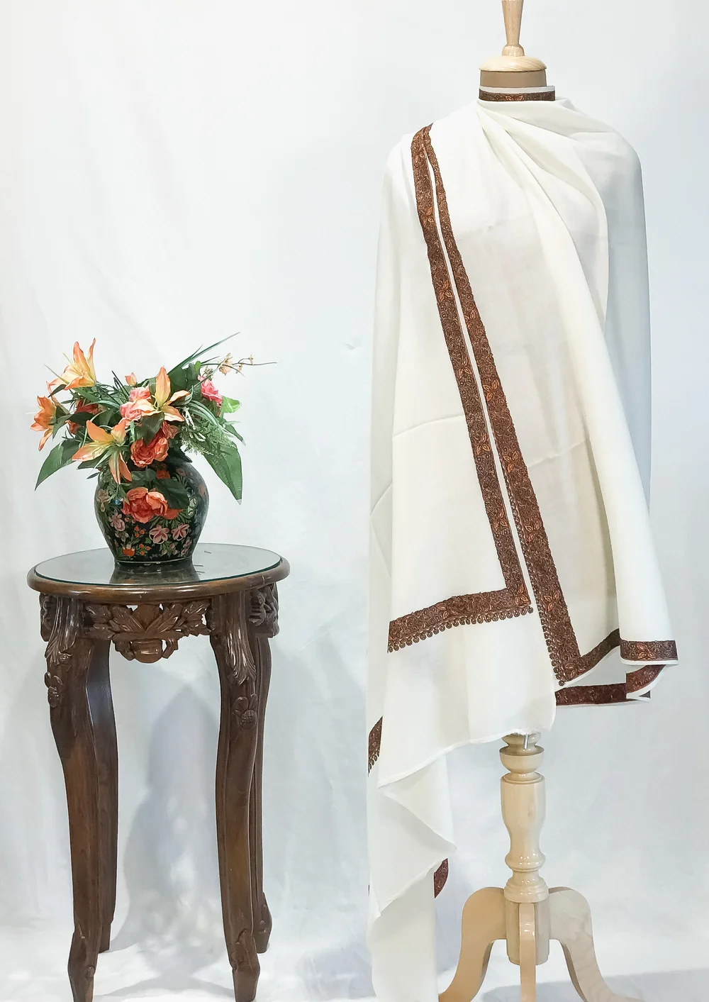Sozni Embroidered Natural White Pure Wool Shawl Sozni Embroidered Natural White Pure Wool Shawl