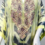 Yellow Tie n Dye Georgette Kaftan Kurti with Kashmiri Aari Embroidery front