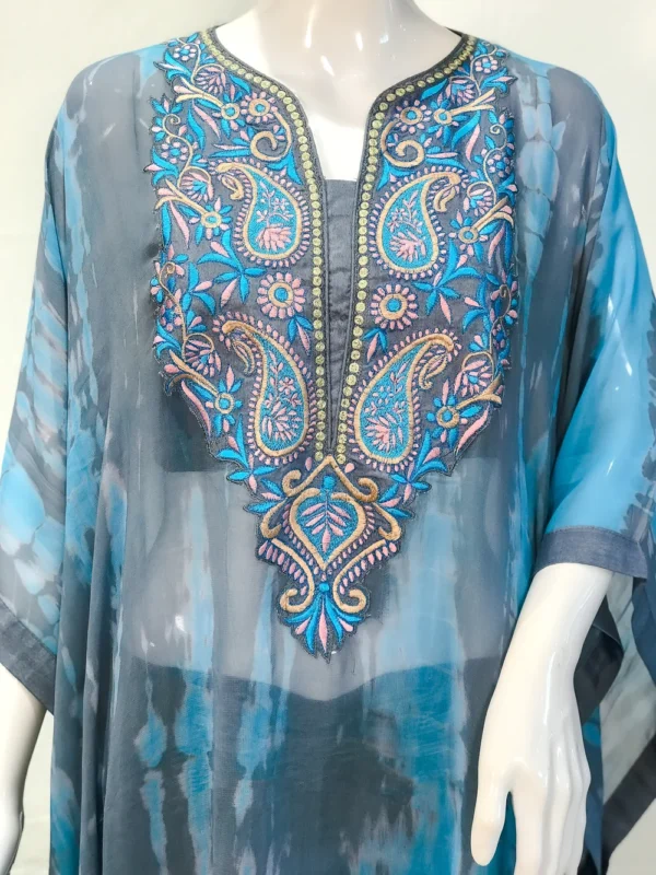 Grey Tie n Dye Georgette Kaftan Kurti with Kashmiri Aari and Tilla Embroidery front