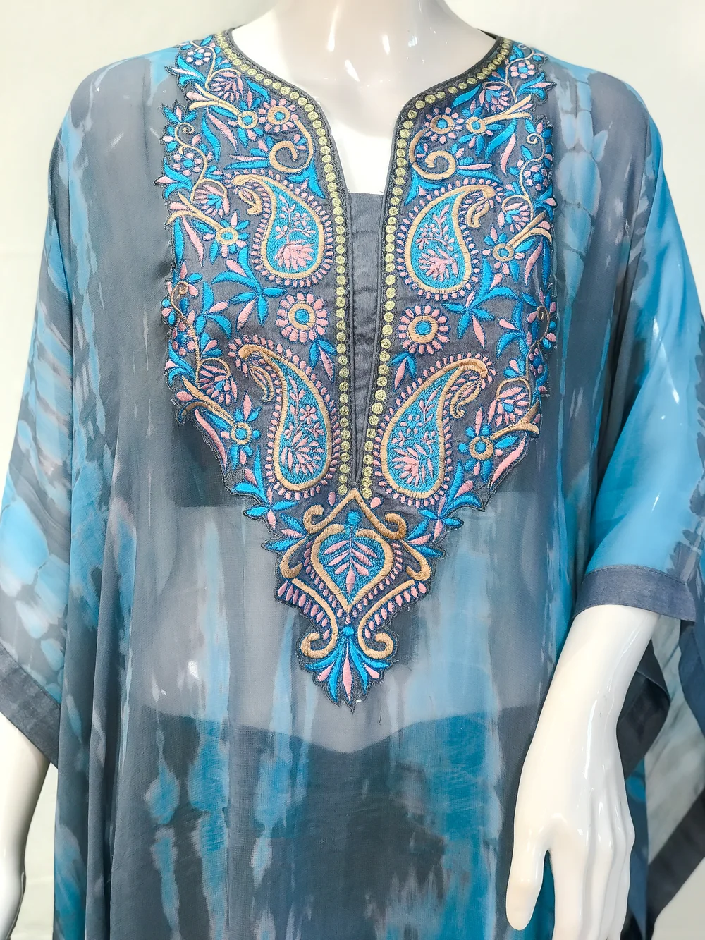 Grey Tie n Dye Georgette Kaftan Kurti with Kashmiri Aari and Tilla Embroidery front Grey Tie n Dye Georgette Kaftan Kurti with Kashmiri Aari and Tilla Embroidery front