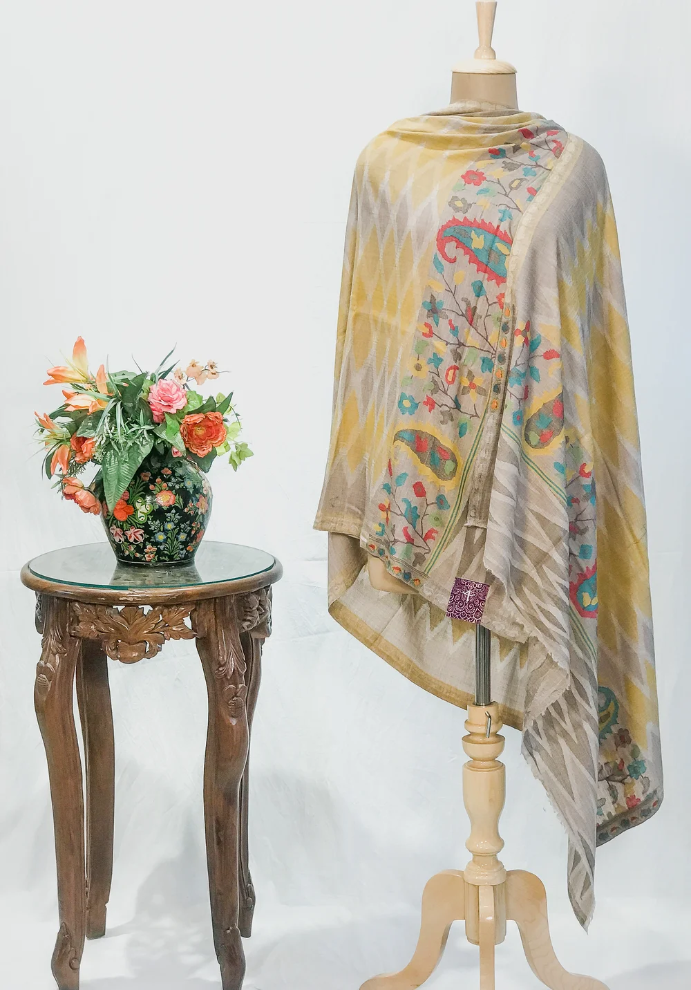 Yellow and Beige Soft Fine Wool Shawl with Kani Detailing