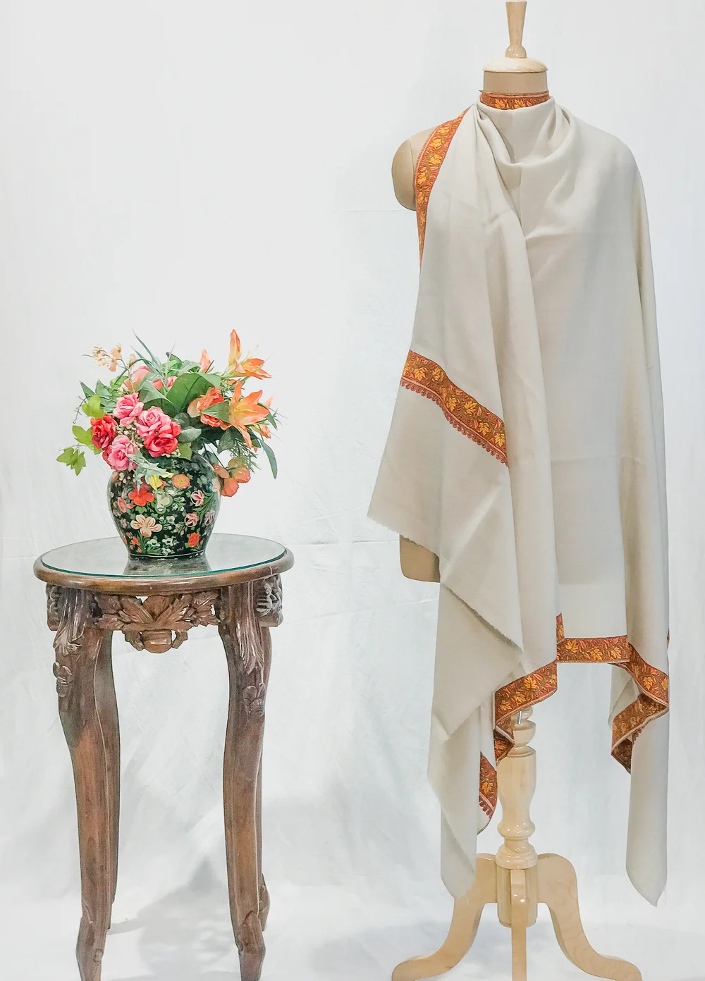 Off-White Soft Fine Wool Shawl with Sozni Hand Embroidery