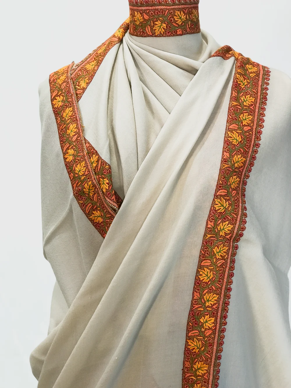 Off-White Soft Fine Wool Shawl with Sozni Hand Embroidery front