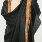 Black Soft Fine Wool Shawl with Sozni Hand Embroidery (Chinar) front