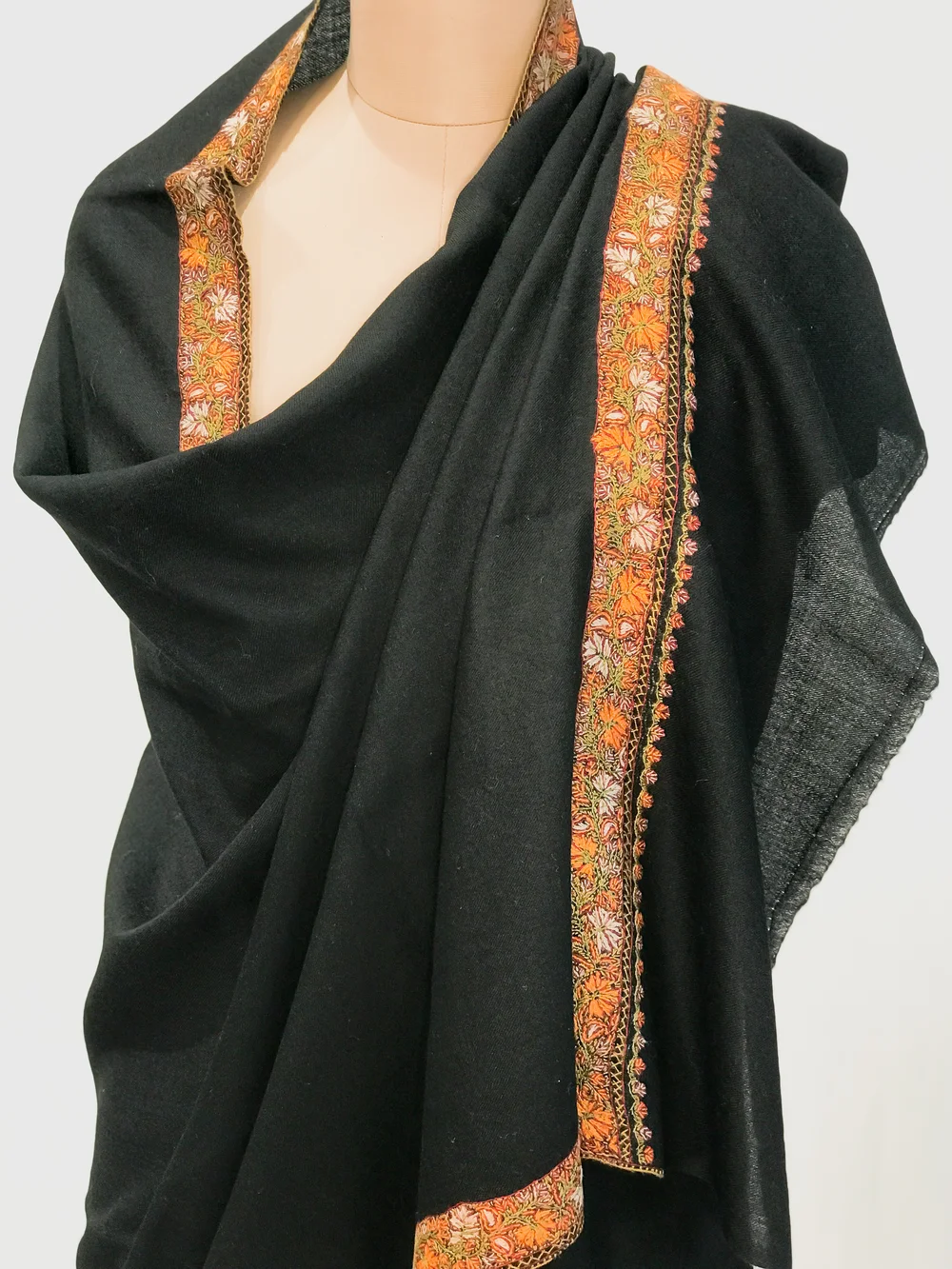 Black Soft Fine Wool Shawl with Sozni Hand Embroidery (Chinar) front Black Soft Fine Wool Shawl with Sozni Hand Embroidery (Chinar) front