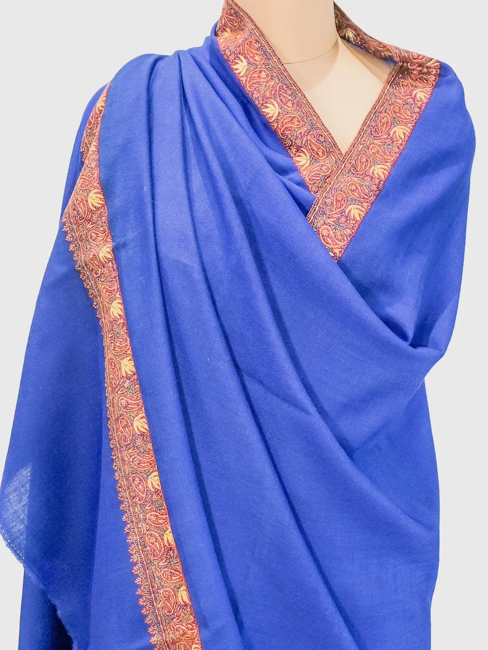 Royal Blue Soft Fine Wool Shawl with Sozni Hand Embroidery front Royal Blue Soft Fine Wool Shawl with Sozni Hand Embroidery front