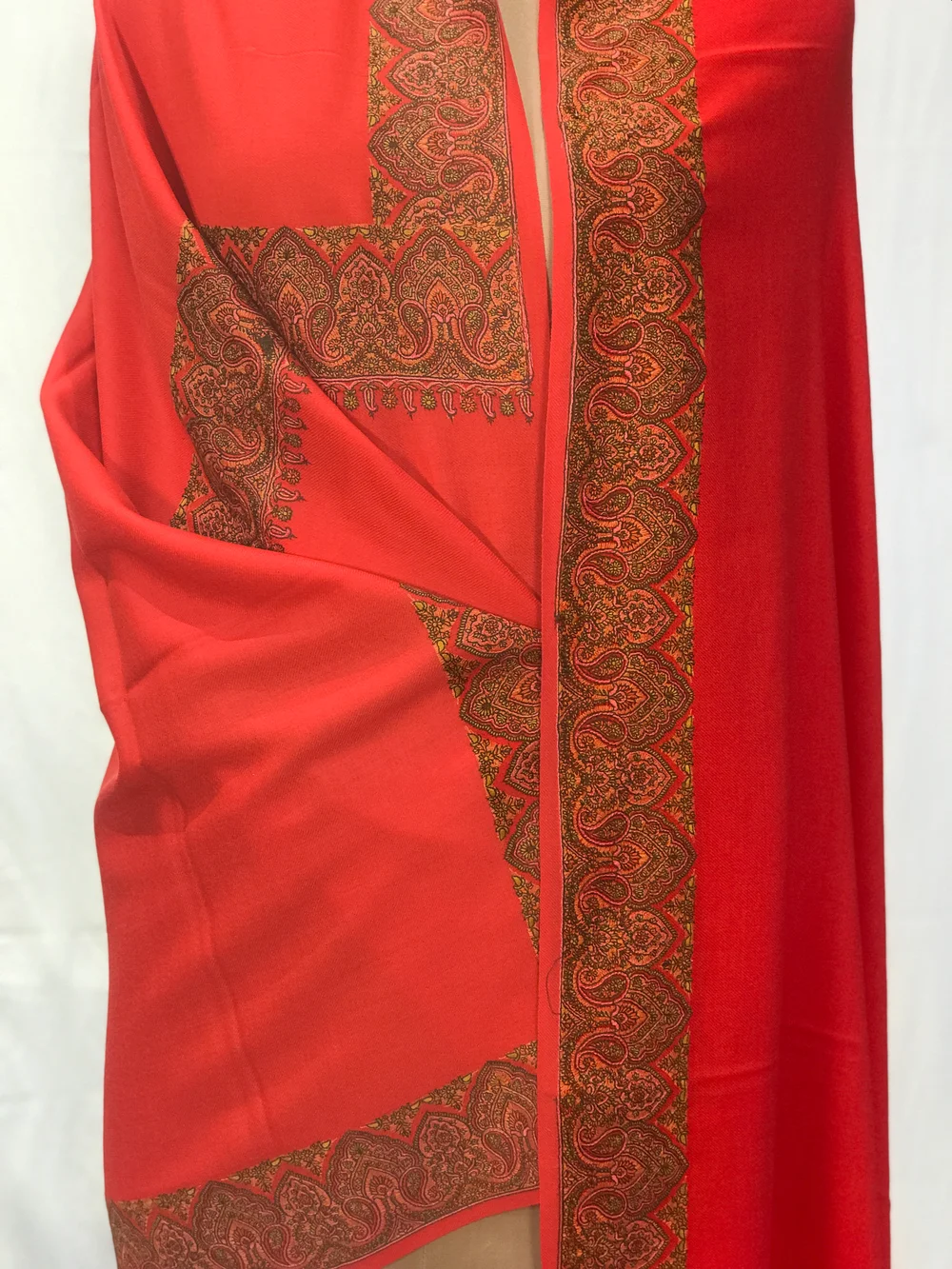 Red Soft Fine Wool Shawl with Sozni Embroidery (Paisley) front Red Soft Fine Wool Shawl with Sozni Embroidery (Paisley) front