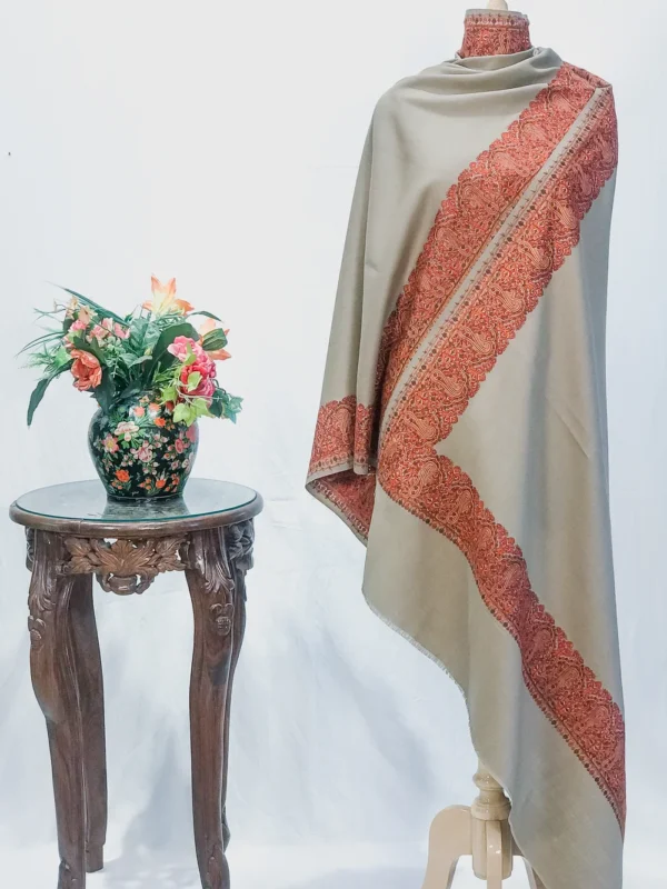 Beige Soft Fine Wool Shawl with Sozni Embroidery (Paisley)