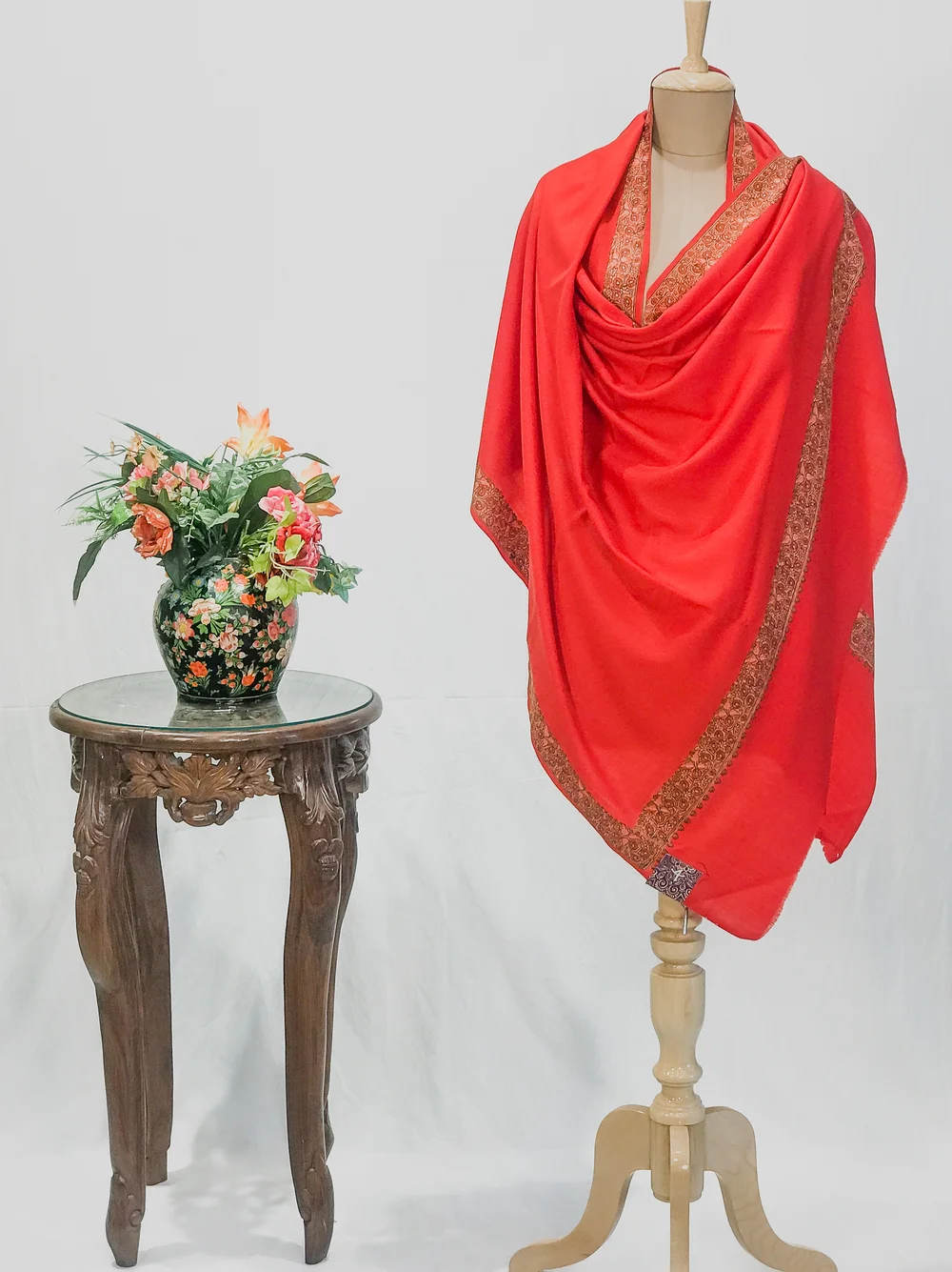 Red Soft Fine Wool Shawl with Sozni Embroidery (Floral)