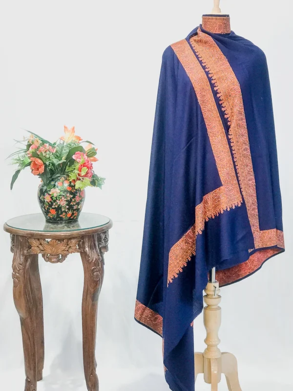 Navy Blue Soft Fine Wool Shawl with Sozni Embroidery