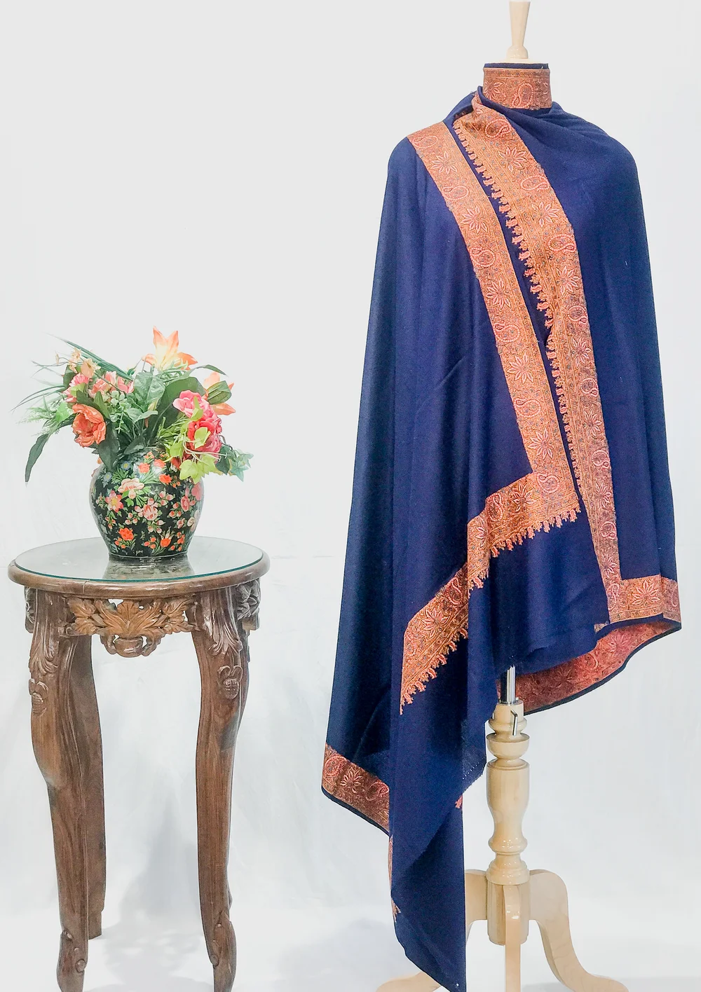 Navy Blue Soft Fine Wool Shawl with Sozni Embroidery Navy Blue Soft Fine Wool Shawl with Sozni Embroidery