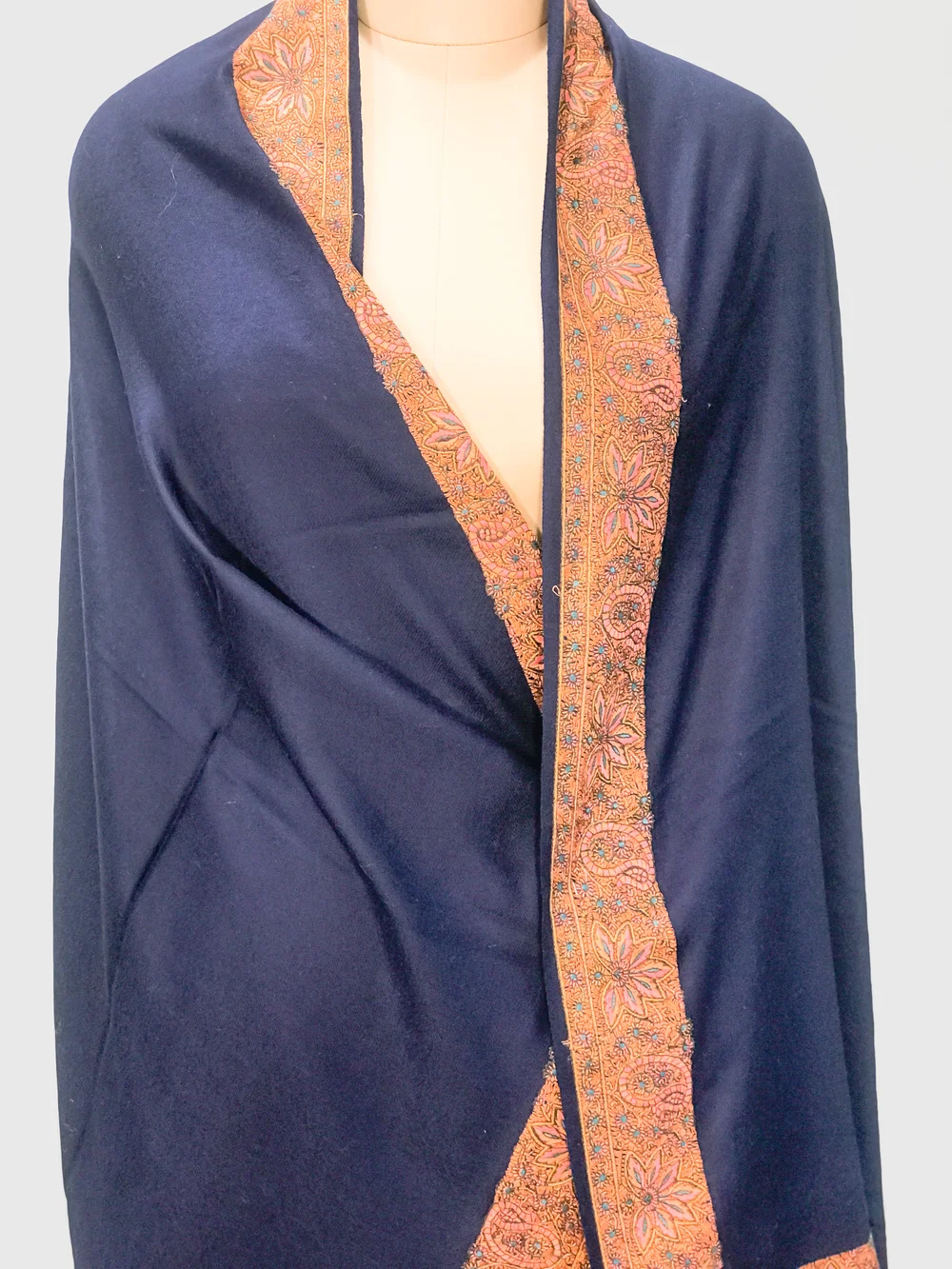 Navy Blue Soft Fine Wool Shawl with Sozni Embroidery front Navy Blue Soft Fine Wool Shawl with Sozni Embroidery front