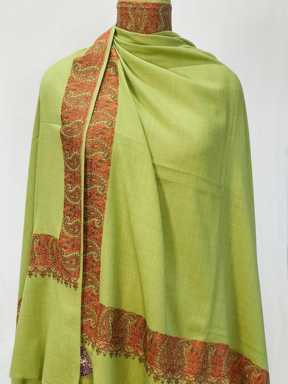 Green Soft Fine Wool Shawl with Sozni Embroidery front