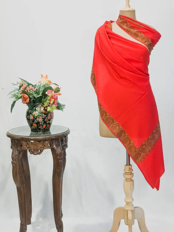 Red Soft Fine Wool Shawl with Sozni Embroidery (Big Paisley)