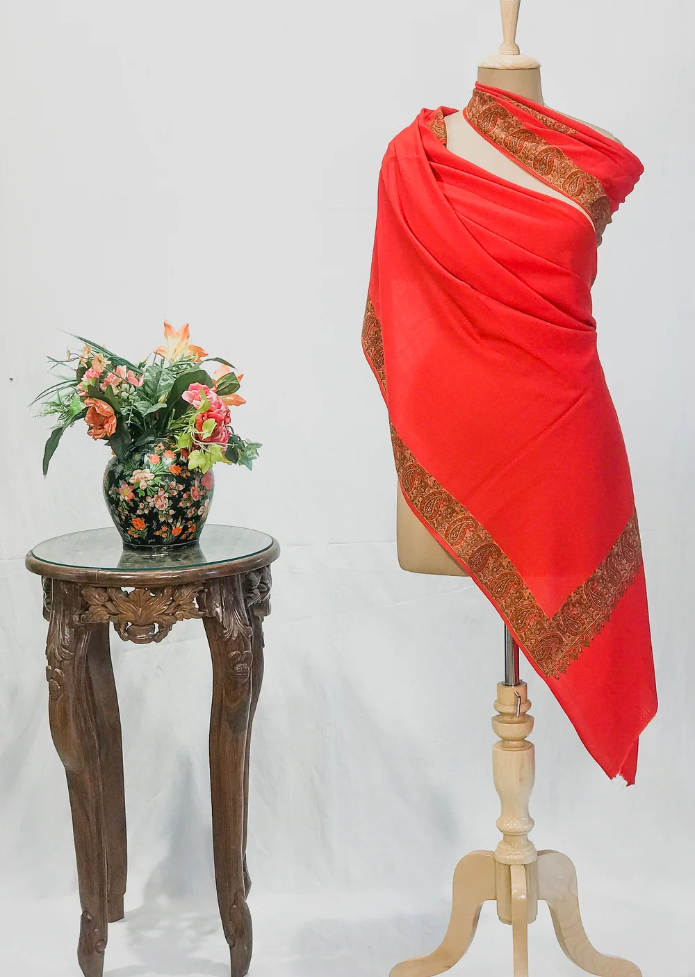 Red Soft Fine Wool Shawl with Sozni Embroidery (Big Paisley)