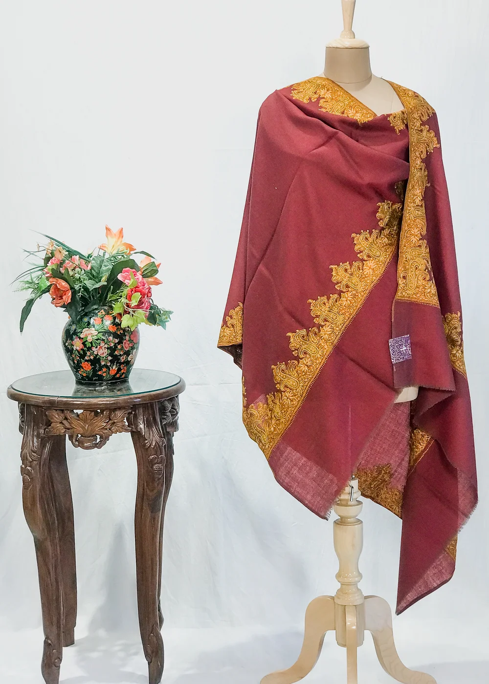Textured Burgundy Soft Fine Wool Shawl with Sozni Embroidery