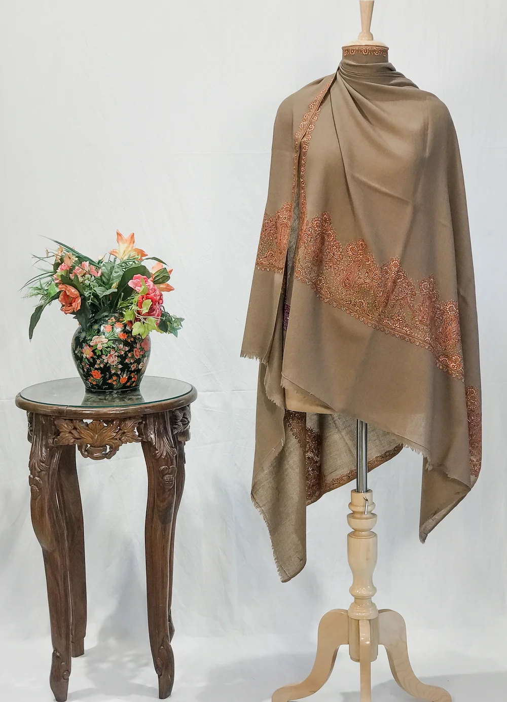 Textured Beige Soft Fine Wool Shawl with Sozni Embroidery Textured Beige Soft Fine Wool Shawl with Sozni Embroidery