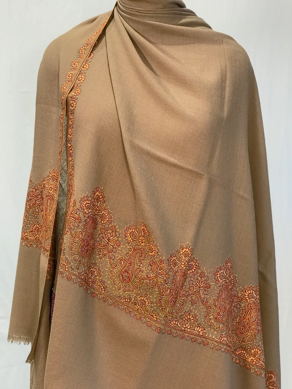 Textured Beige Soft Fine Wool Shawl with Sozni Embroidery front Textured Beige Soft Fine Wool Shawl with Sozni Embroidery front