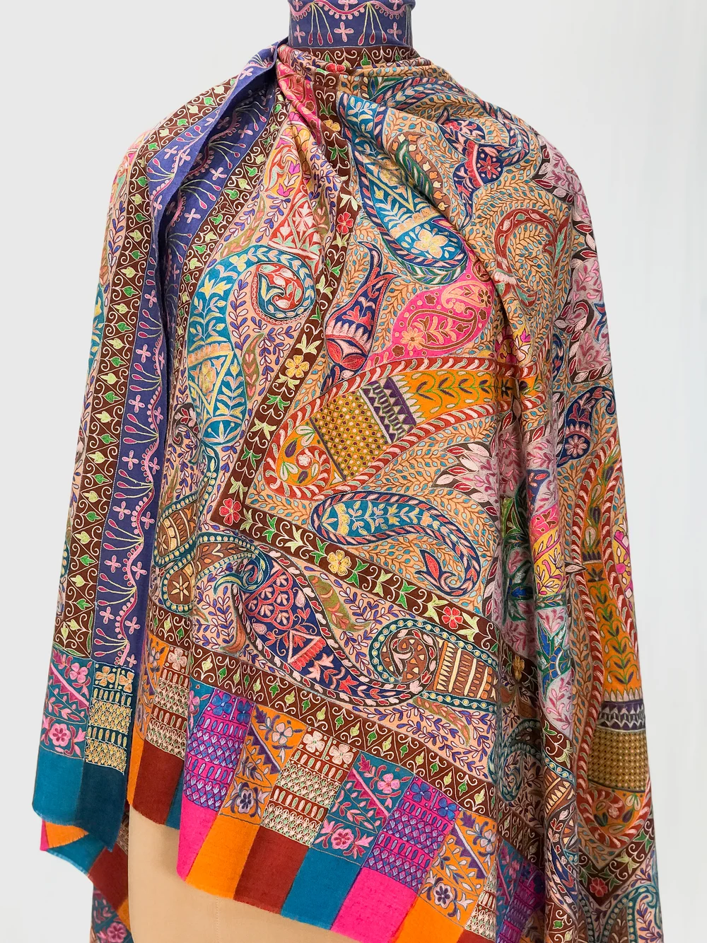 Multi Coloured Pure Pashmina Shawl With Artistic Kalamkari Hand Embroidery Hand Paint front Multi Coloured Pure Pashmina Shawl With Artistic Kalamkari Hand Embroidery Hand Paint front