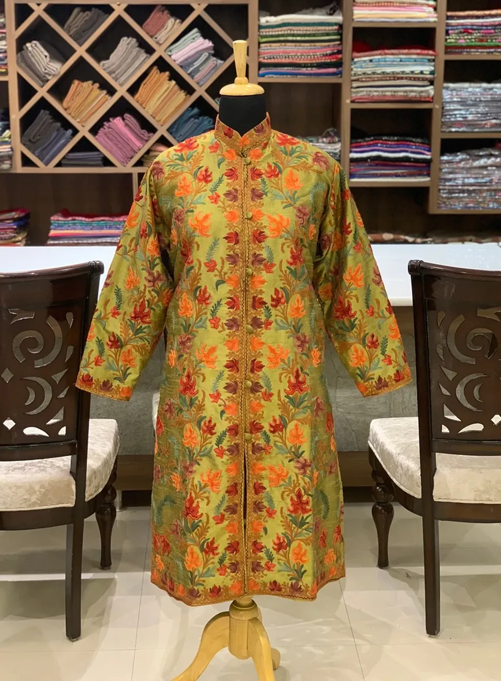 Olive Green Kashmiri Aari Embroidered Long JacketOlive Green Aari Embroidery Art Raw Silk Jacket