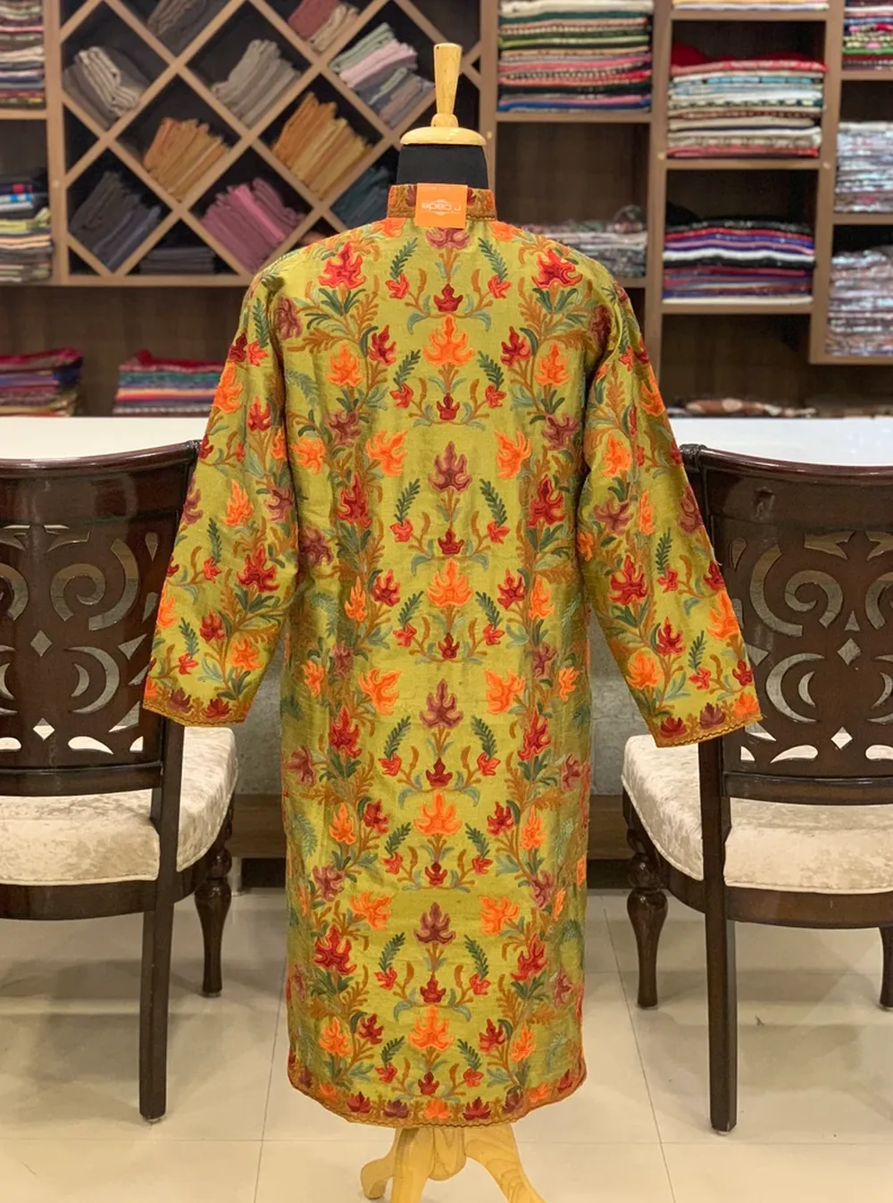 Olive Green Kashmiri Aari Embroidered Long JacketOlive Green Kashmiri Aari Embroidered Long JacketOlive Green Aari Embroidery Art Raw Silk Jacket