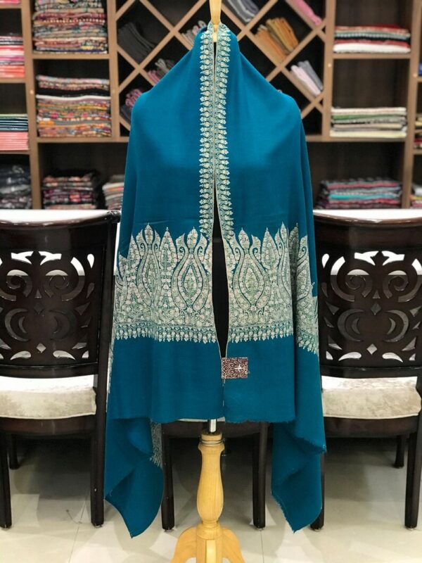 Blue Pure Pashmina Shawl with Intricate Sozni Embroidery