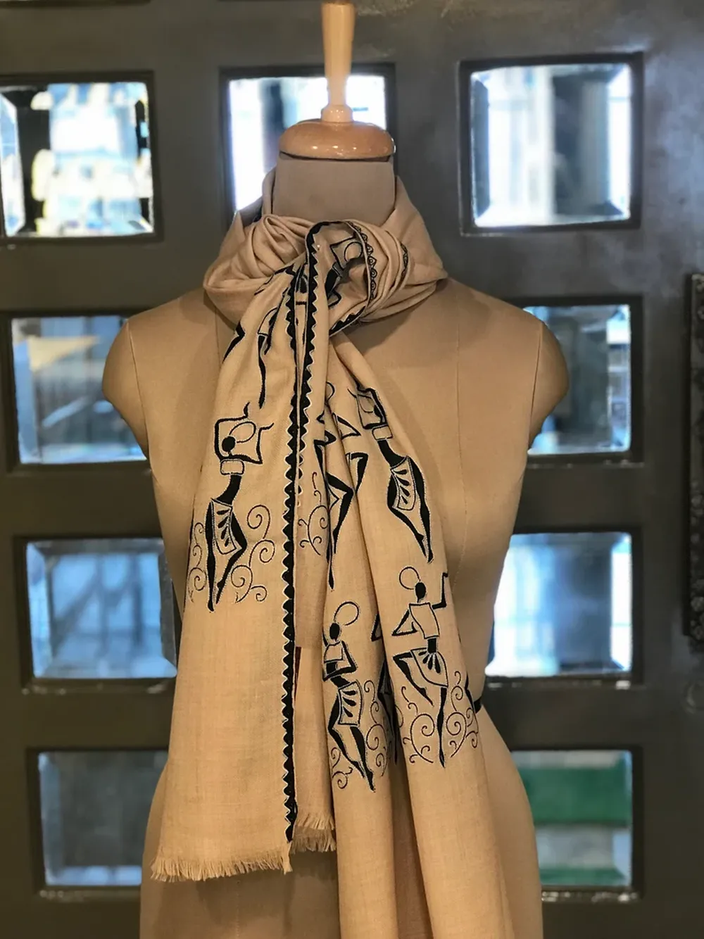 Tribal Thread Embroidered Beige Pure Wool Scarf