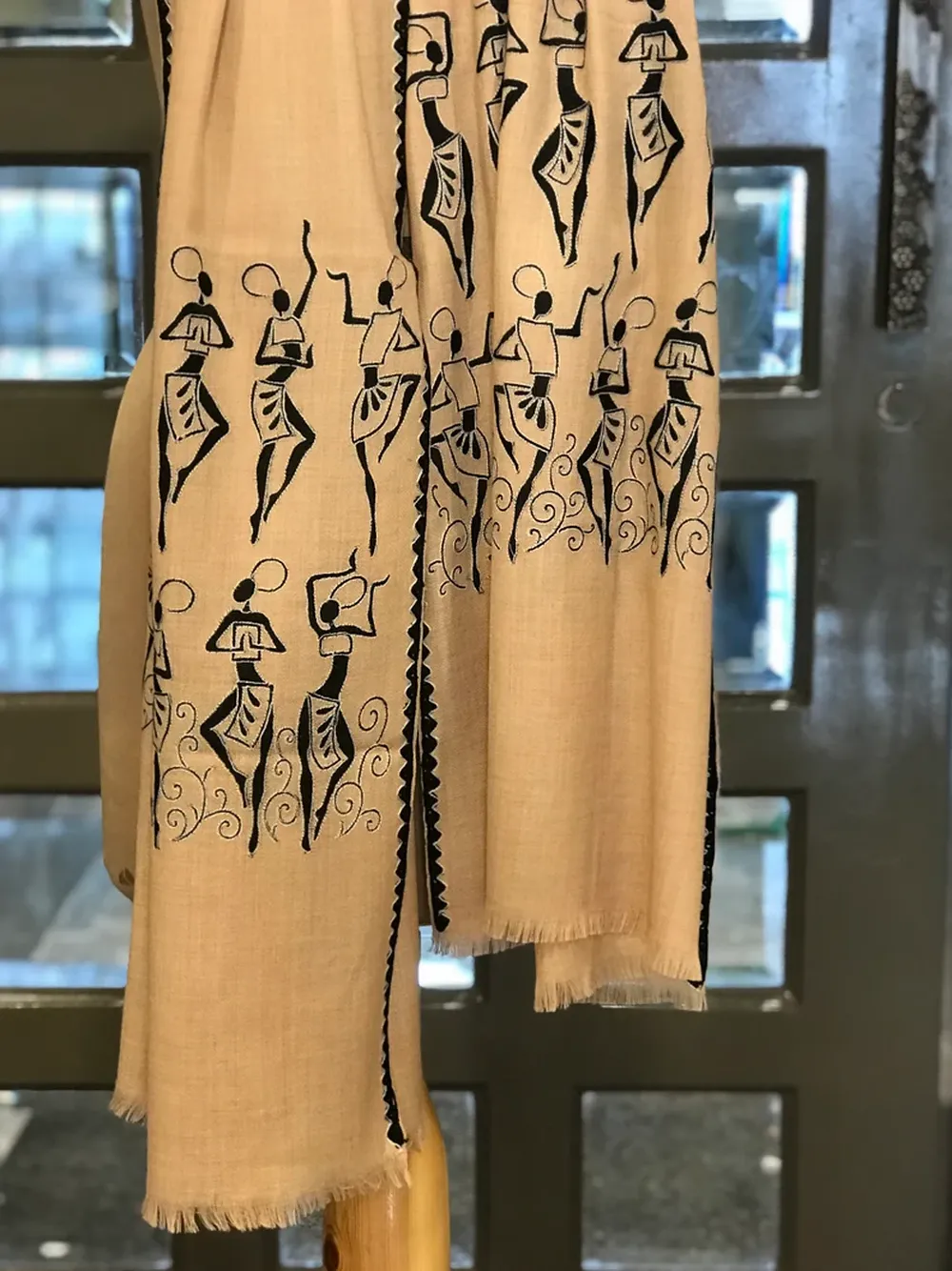 Tribal Thread Embroidered Beige Pure Wool Scarf