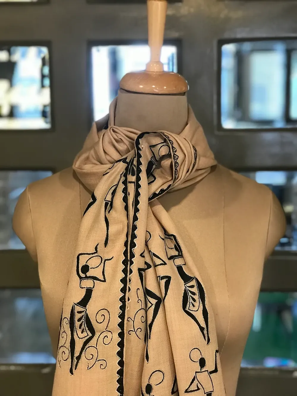 Tribal Thread Embroidered Beige Pure Wool Scarf