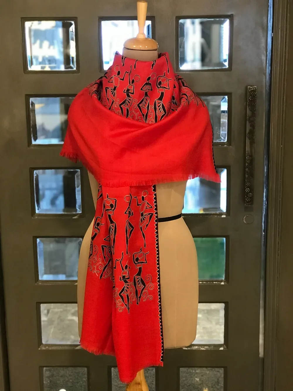 Red Pure Wool Scarf Tribal Thread Embroidered