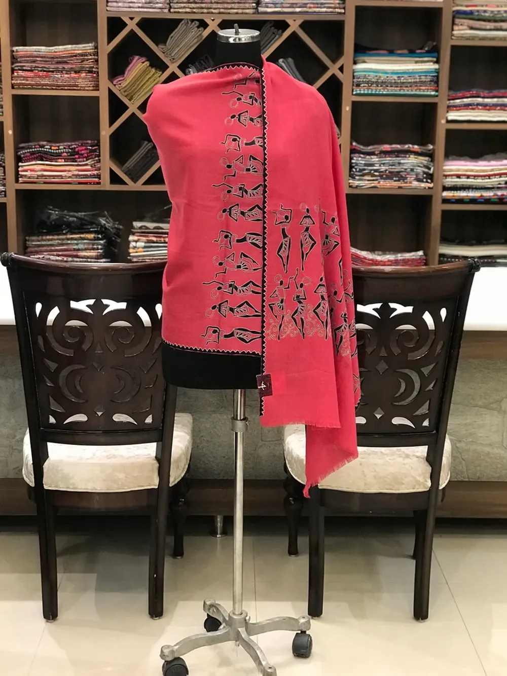 Tribal Thread Embroidered Pink Pure Wool Scarf