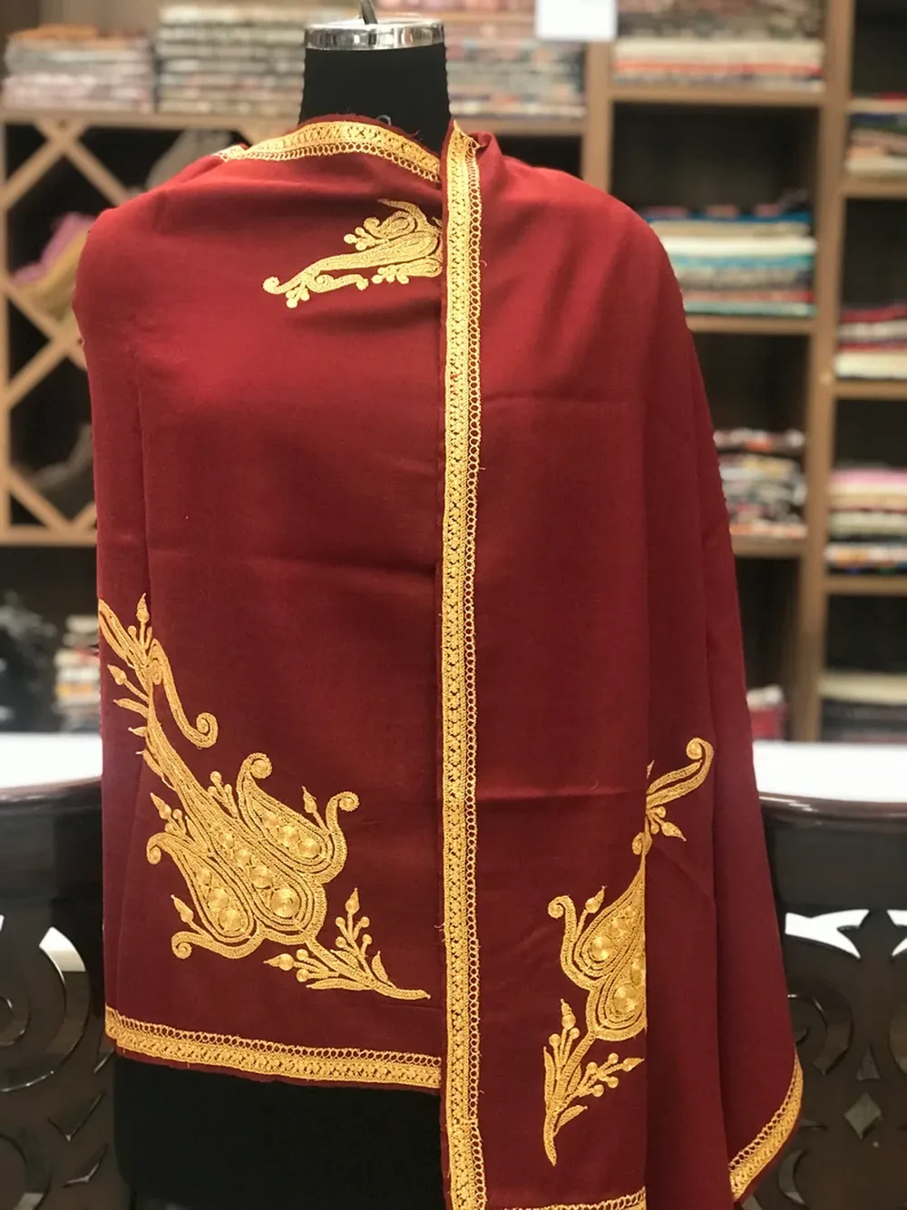 Red Pure Merino Wool Scarf with Tilla Hand Embroidery