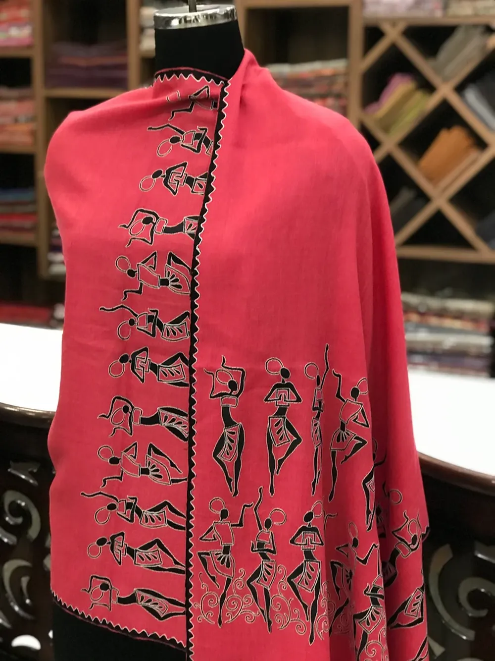 Tribal Thread Embroidered Pink Pure Wool Scarf