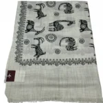 White Animal Pattern Thread Embroidered Pure Wool Scarf