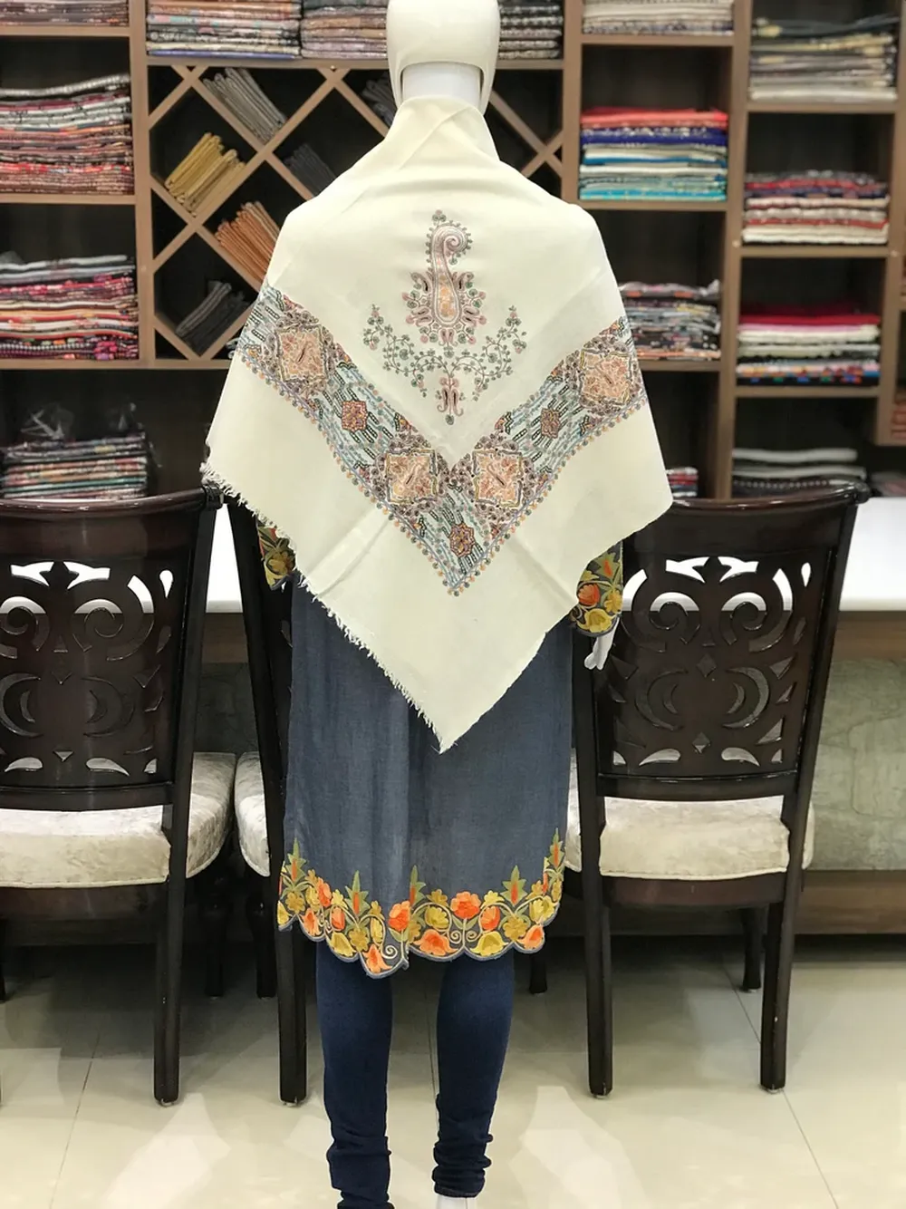 Natural white Papier Mache Hand Embroidered Square Pure Pashmina Scarf