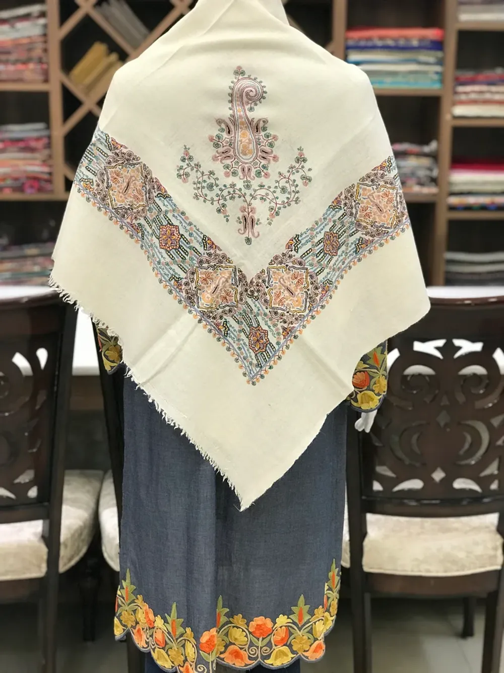 Natural white Papier Mache Hand Embroidered Square Pure Pashmina Scarf