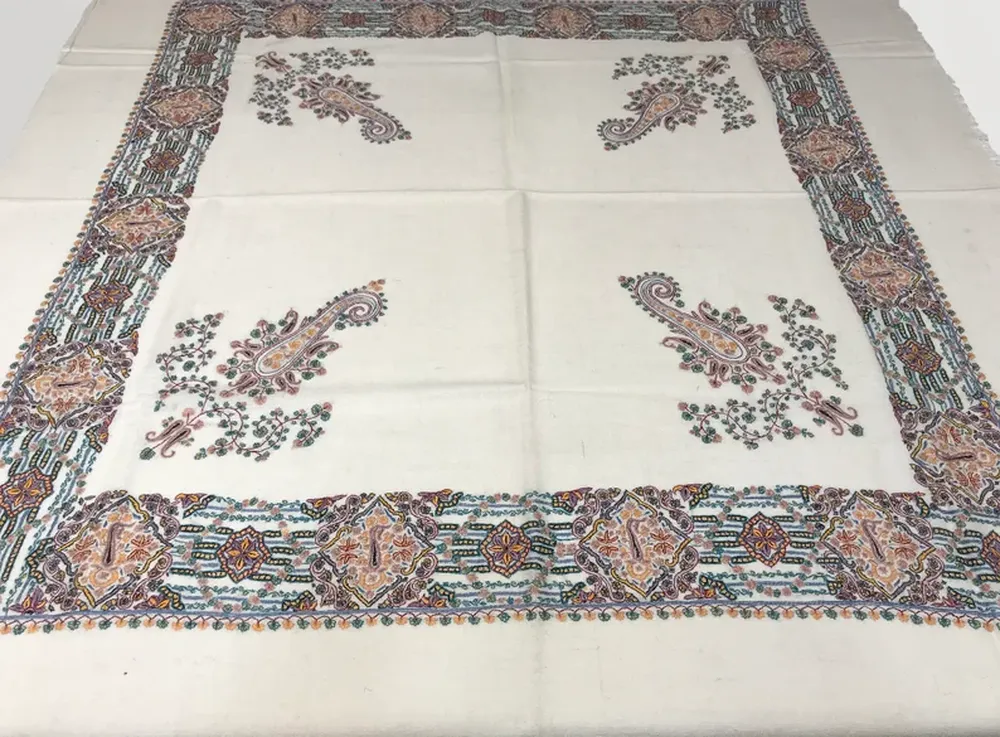 Natural white Papier Mache Hand Embroidered Square Pure Pashmina Scarf