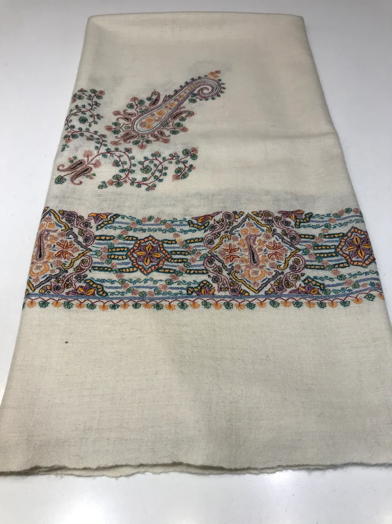 Natural white Papier Mache Hand Embroidered Square Pure Pashmina Scarf