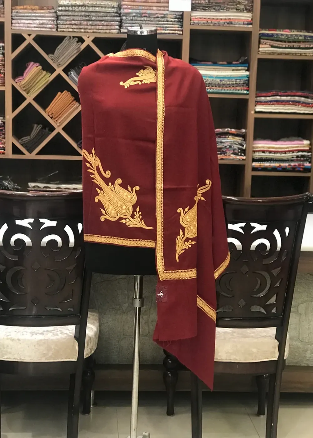 Red Pure Merino Wool Scarf with Tilla Hand Embroidery