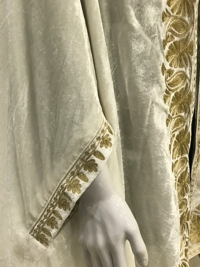 White Silk Velvet Cape with Kashmiri Zari Work