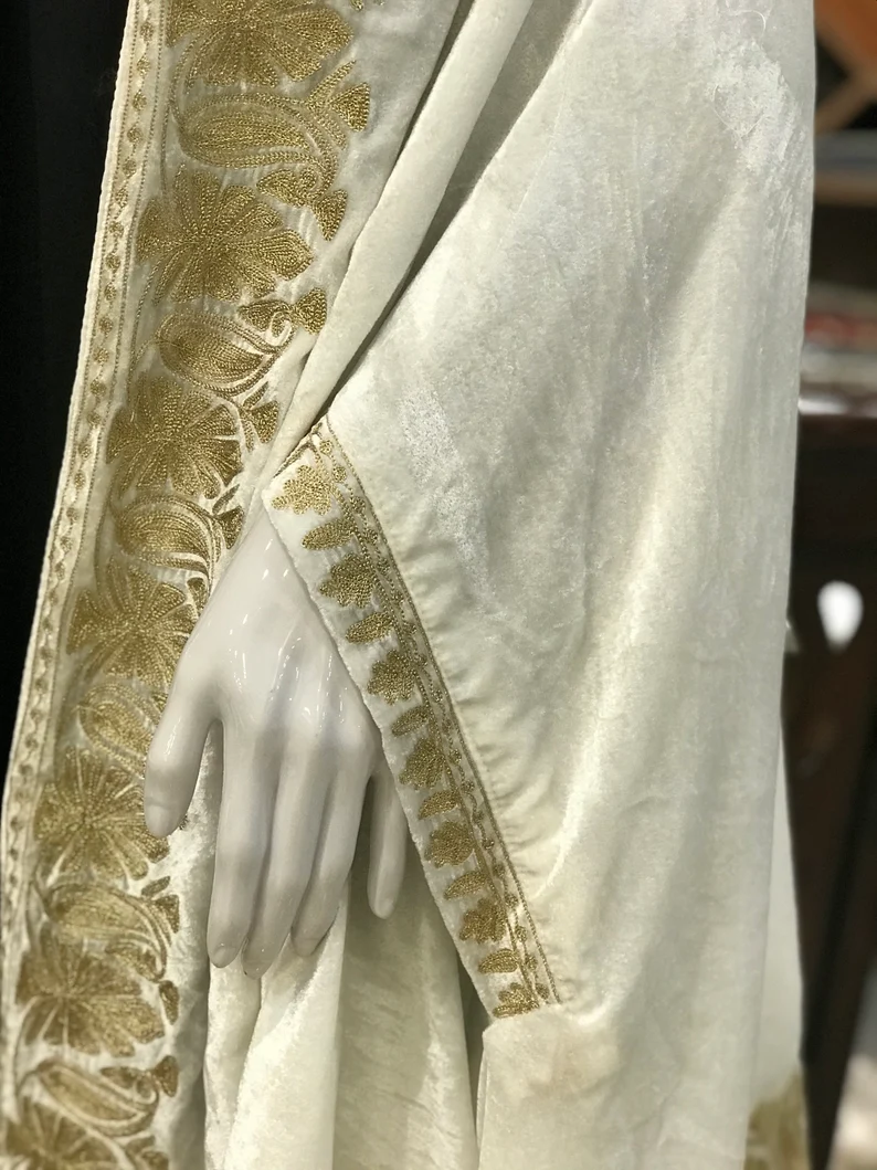 White Silk Velvet Cape with Kashmiri Zari Work