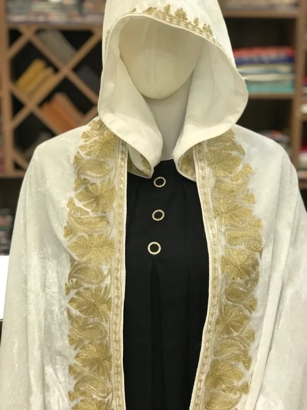 White Silk Velvet Cape with Kashmiri Zari Work