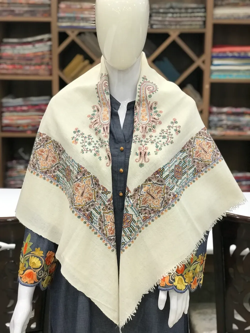 Natural white Papier Mache Hand Embroidered Square Pure Pashmina Scarf