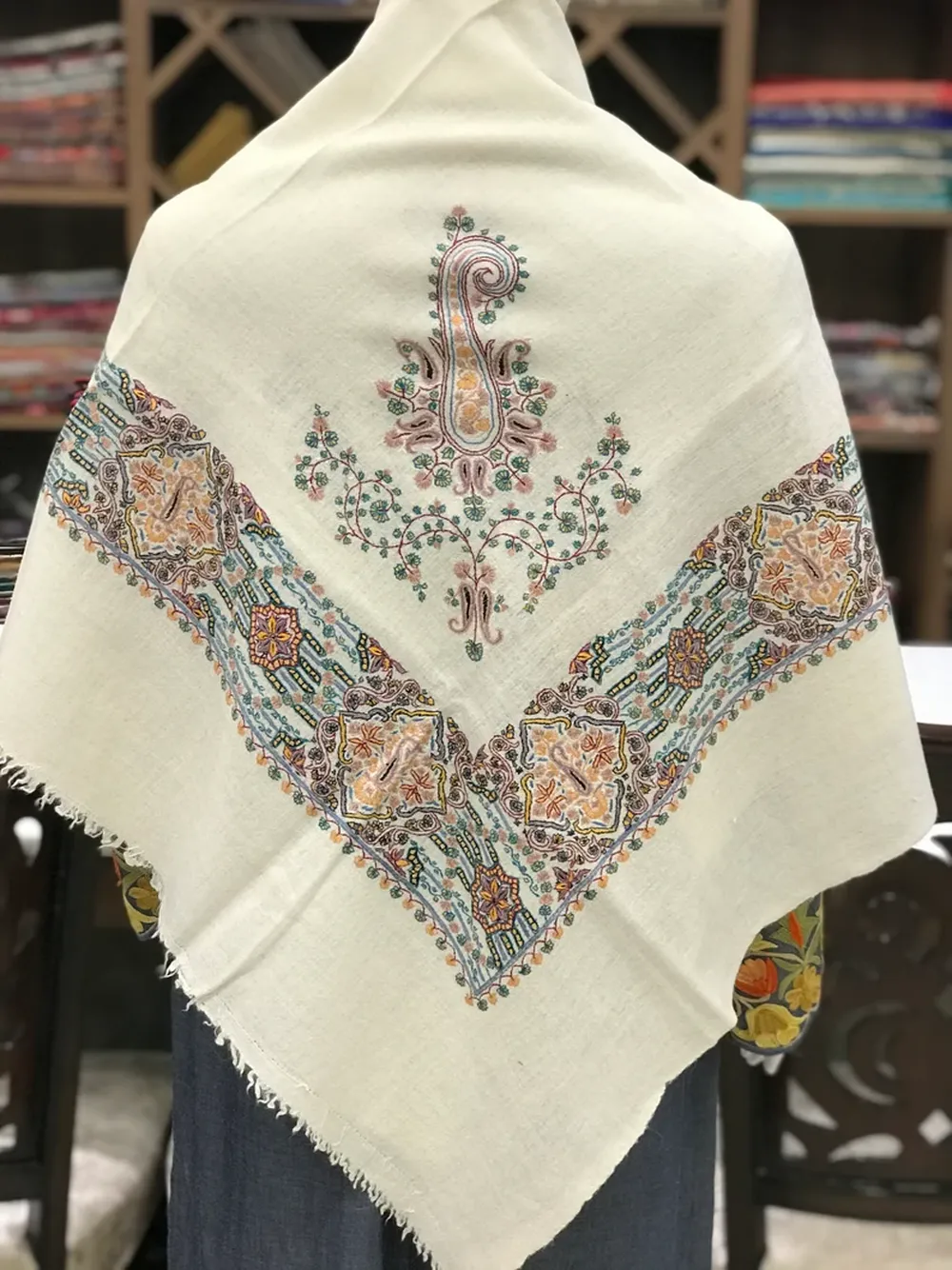 Natural white Papier Mache Hand Embroidered Square Pure Pashmina Scarf