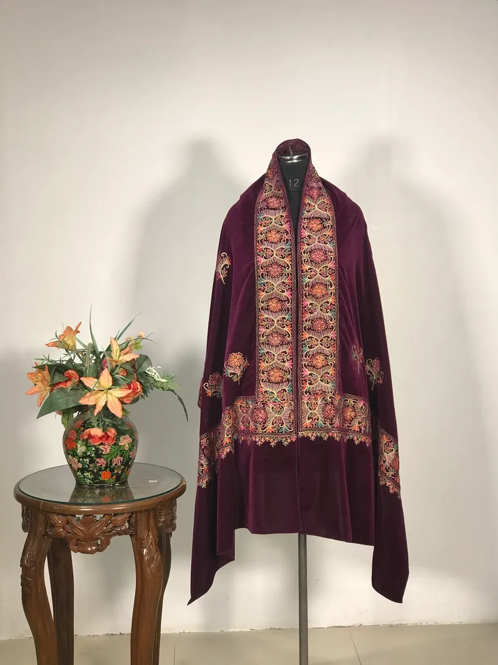 Maroon Velvet Stole with Floral Pattern Thread Embroidery,