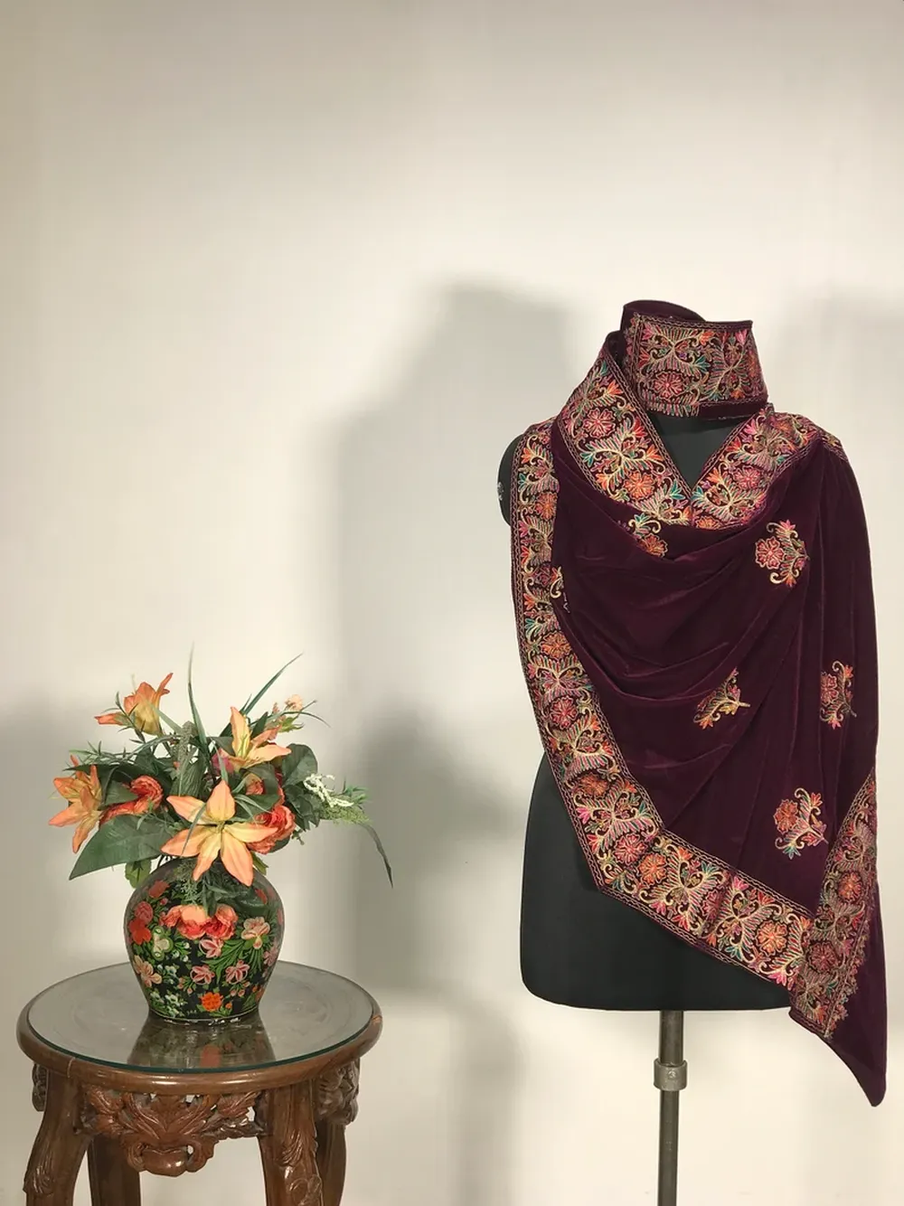 Maroon Velvet Stole with Floral Pattern Thread Embroidery,