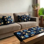 Velvet Table Runner and 4 Cushion Covers Set Navy Blue with Chinar Embroidery