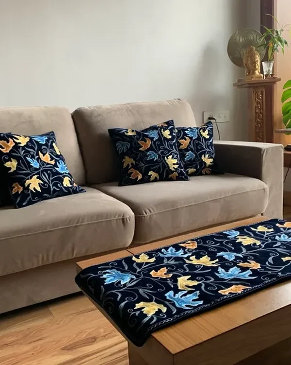 Velvet Table Runner and 4 Cushion Covers Set Navy Blue with Chinar Embroidery